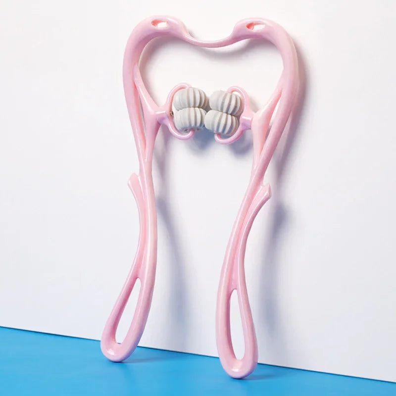 Pink handheld roller massager with ribbed rollers, plastic material, ergonomic design