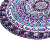Round mandala tapestry with purple and turquoise elephant and paisley patterns, boho style
