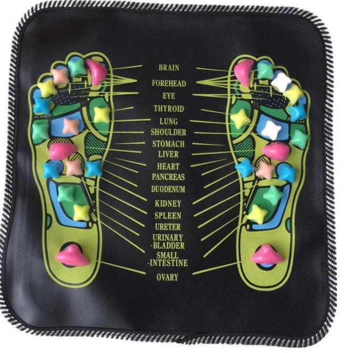 Black acupressure massage mat with colorful raised nodes, foot reflexology chart design