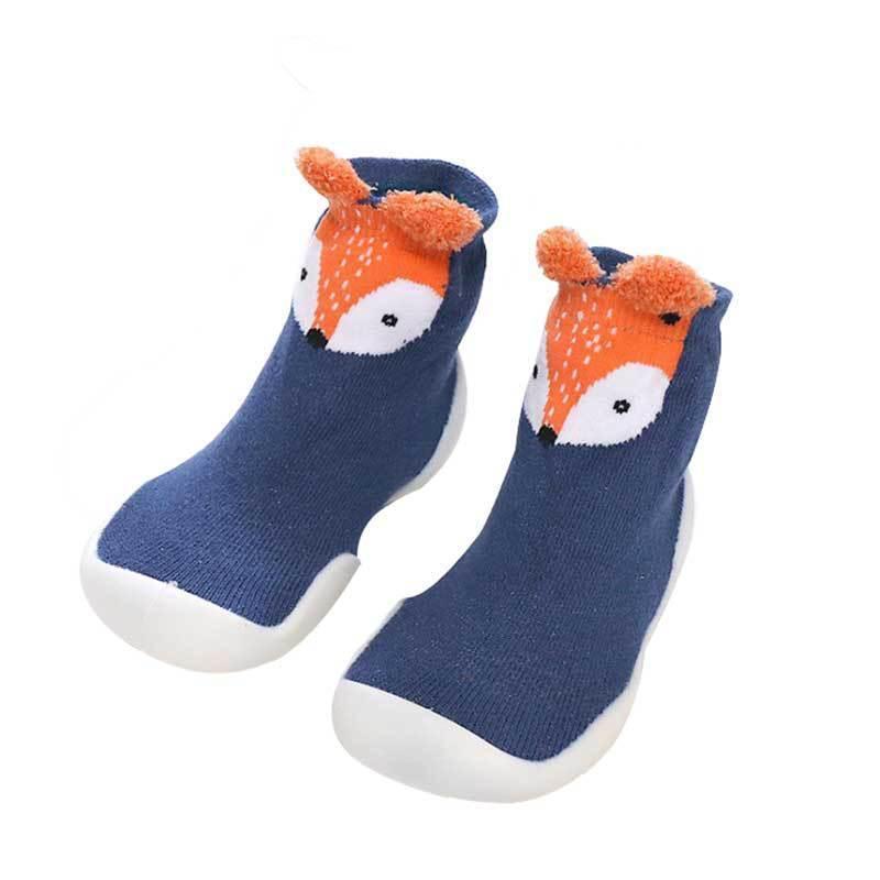 Kids' navy blue sock shoes with orange fox face design, soft knit material, rubber soles