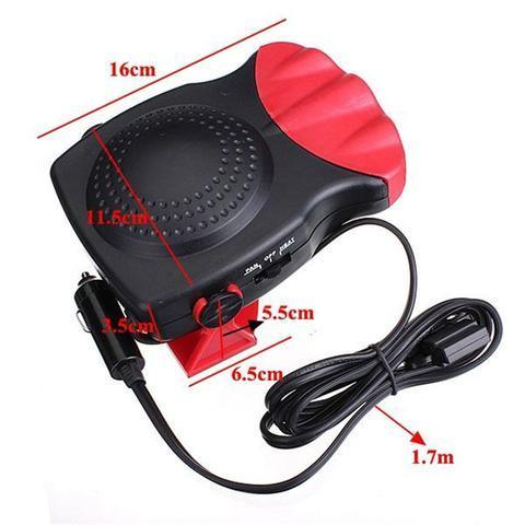 Black and red portable car heater with power cord and visible measurement dimensions.