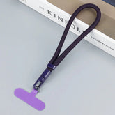 Purple woven lanyard with detachable clip and flat tag, modern accessory on light background