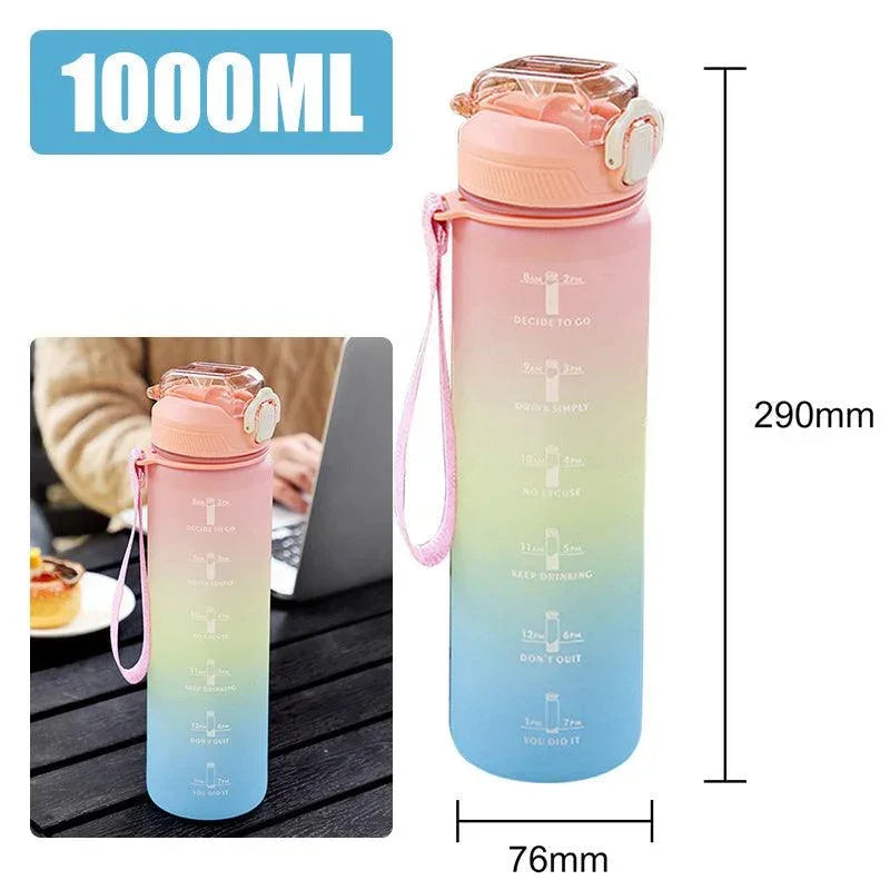 Gradient pink green blue water bottle with flip lid and wrist strap, 1000ml, plastic