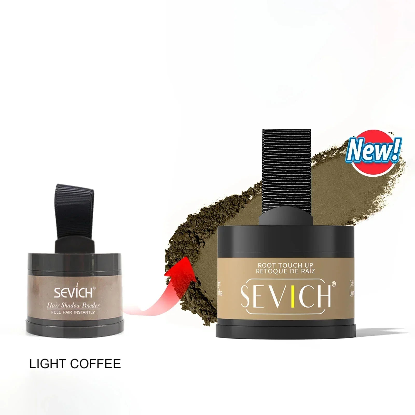 Light coffee colored root touch up hair powder container with applicator and product swatch