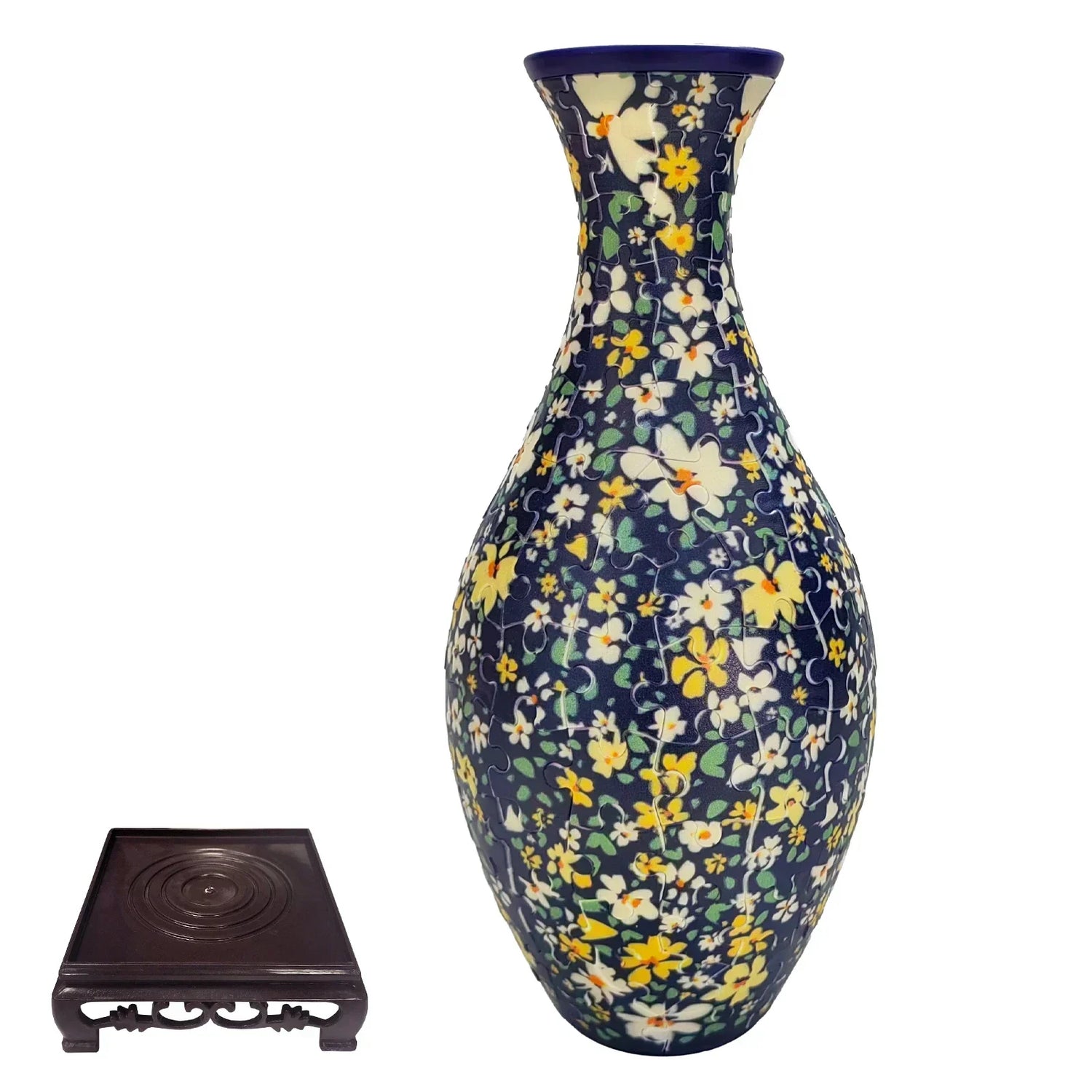 Tall ceramic vase with blue background and yellow floral pattern, next to wooden stand