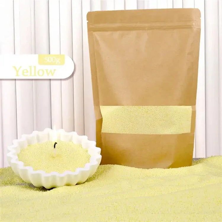 Yellow granulated candle wax in kraft pouch with candle making supplies