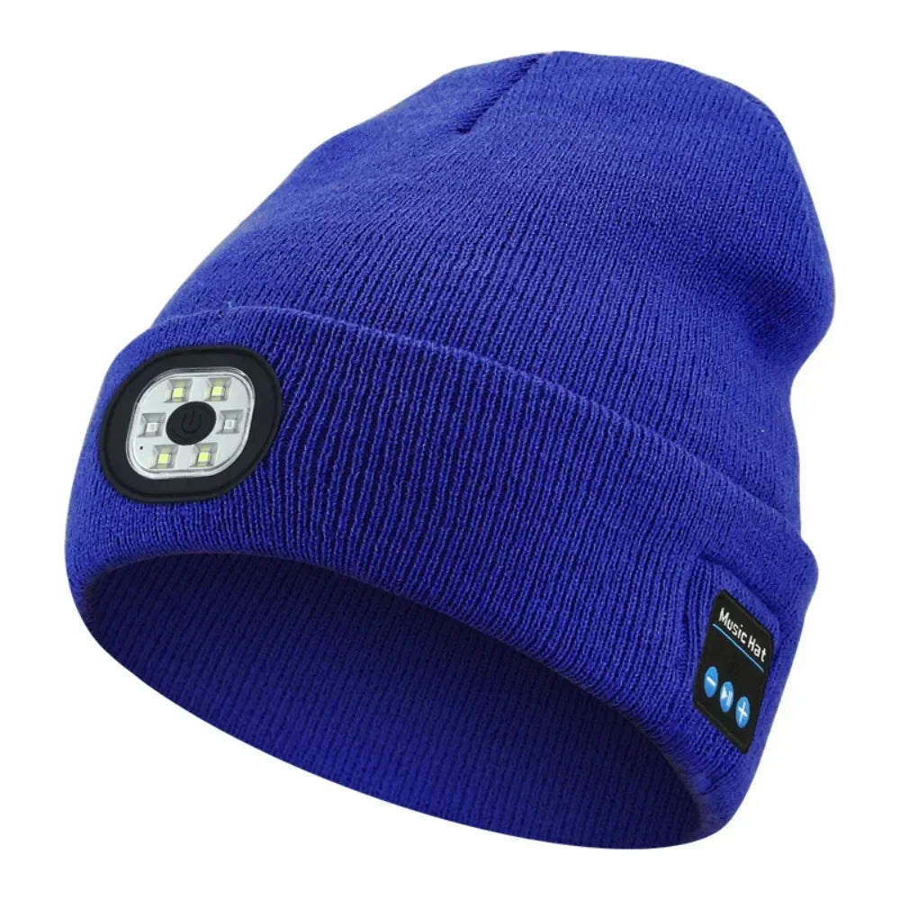 Blue knit beanie hat with built-in LED light and music control panel, tech streetwear accessory