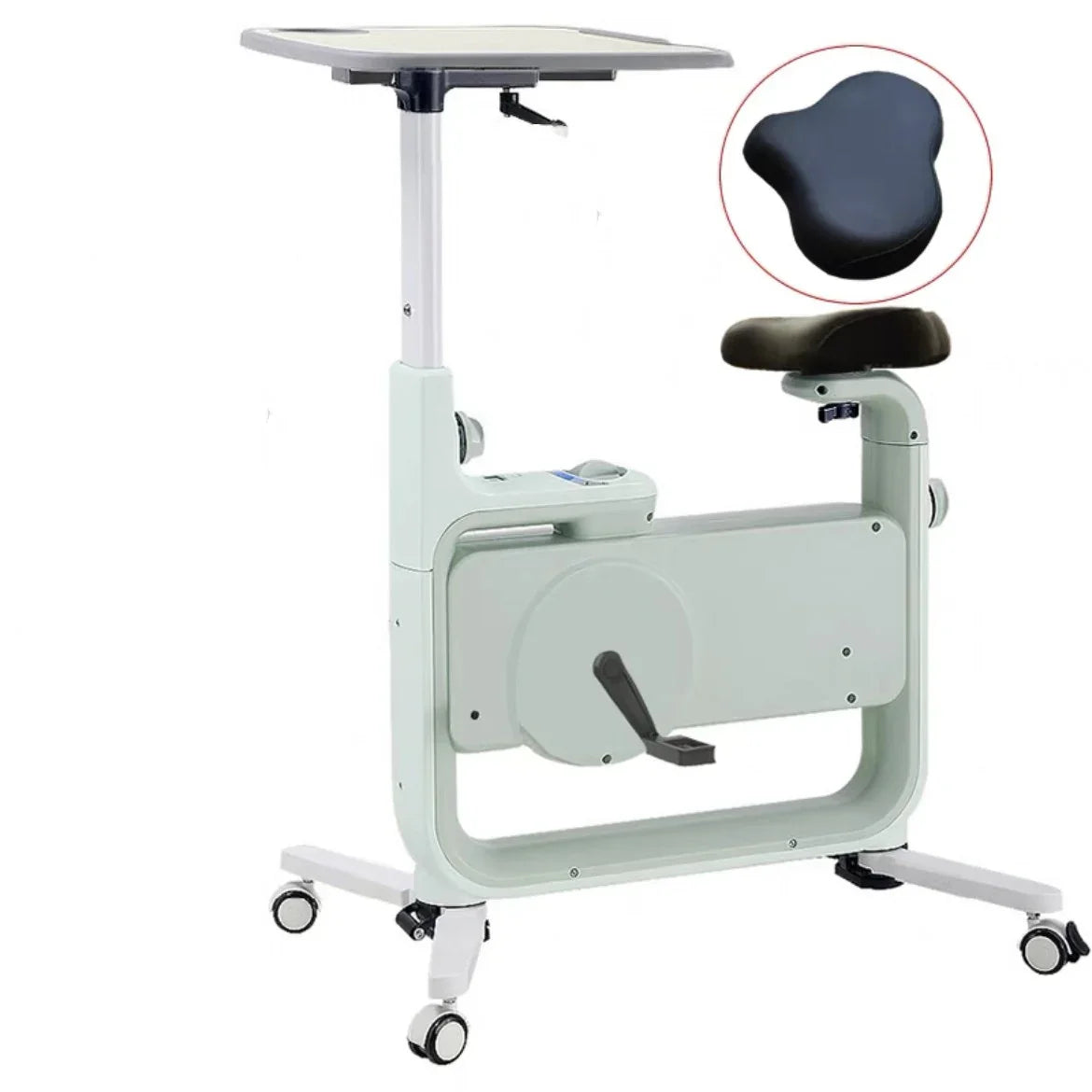 White adjustable desk bike with ergonomic black seat cushion, built-in pedals, and casters.