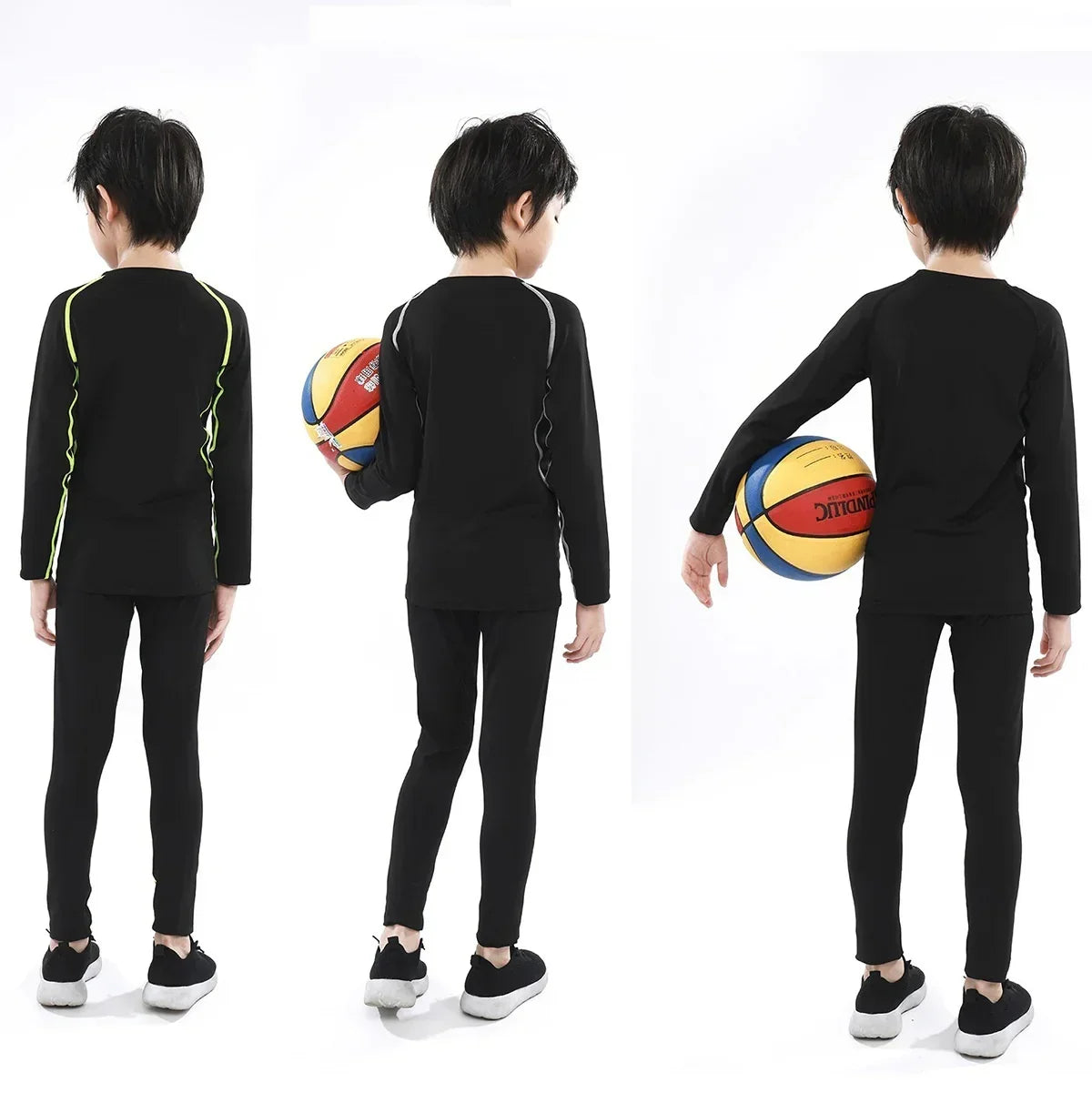 Kids in black long-sleeve athletic outfits with contrast piping, slim fit, sporty style