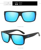 Black frame sunglasses with blue mirrored lenses, rectangular shape, bold streetwear style.