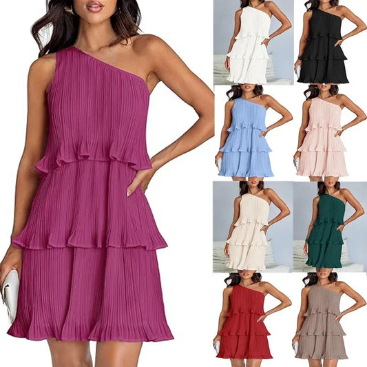 Women's one-shoulder pleated tiered mini dress in multiple colors, lightweight fabric, relaxed fit