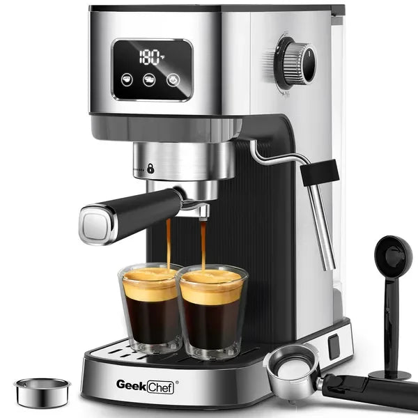 Stainless steel espresso machine brewing two cups of espresso with steam wand and accessories.