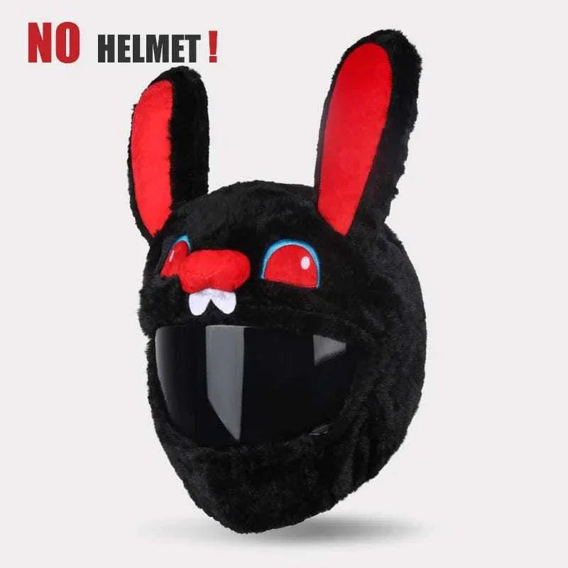 Black faux fur helmet cover with red and blue cartoon bunny face, large red ears, novelty style.