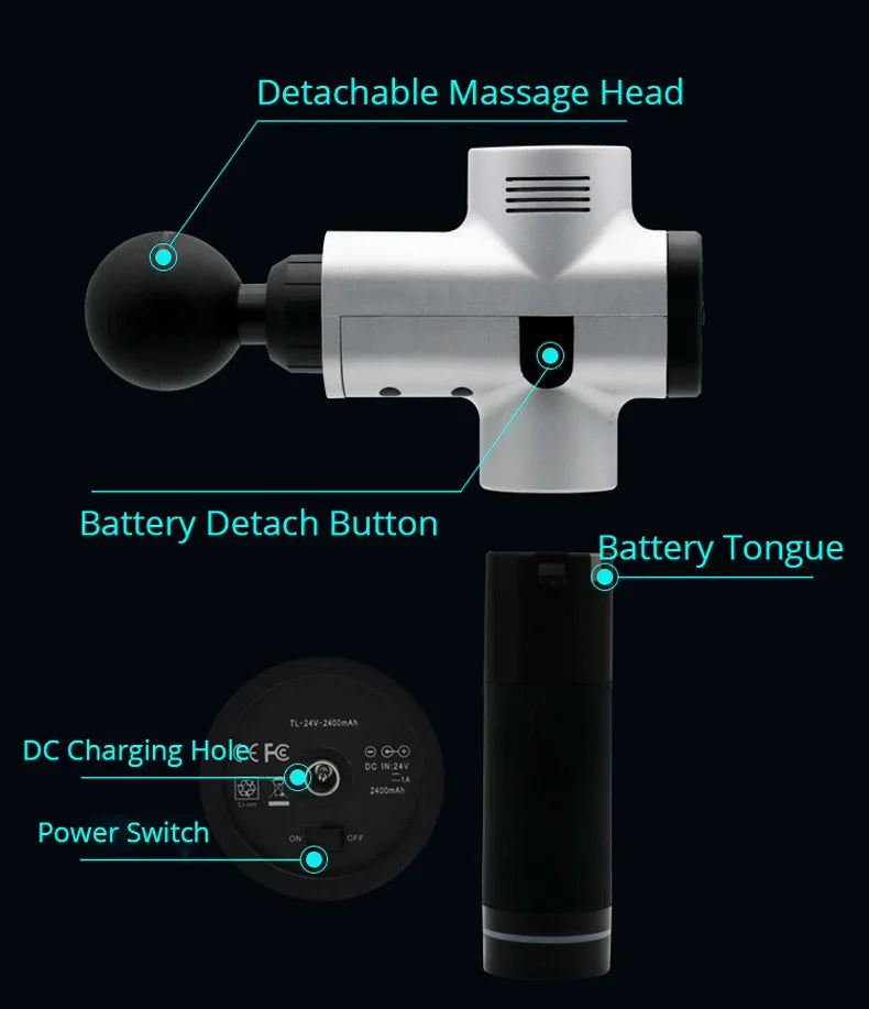 Silver handheld massage gun with labeled detachable head, battery, and charging port on black background.