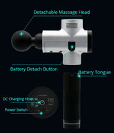 Silver handheld massage gun with labeled detachable head, battery, and charging port on black background.