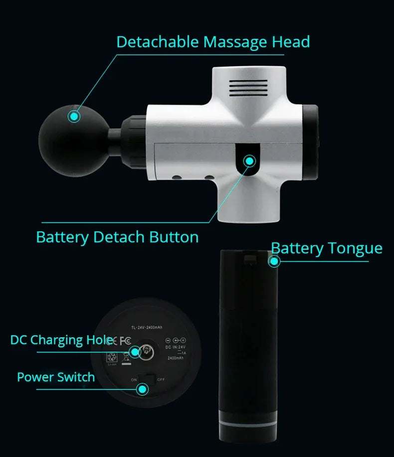 Silver handheld massage gun with labeled detachable head, battery, and charging port on black background.