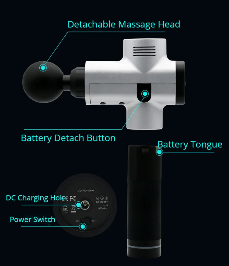 Silver handheld massage gun with labeled detachable head, battery, and charging port on black background.