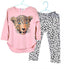 Pink long sleeve top with leopard face print and black and white leopard print leggings set