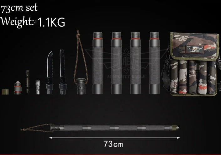 Tactical outdoor tool set with black and silver metal parts, camouflage carry pouch, and 73cm assembled baton.