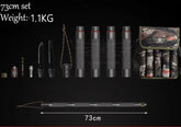 Tactical outdoor tool set with black and silver metal parts, camouflage carry pouch, and 73cm assembled baton.