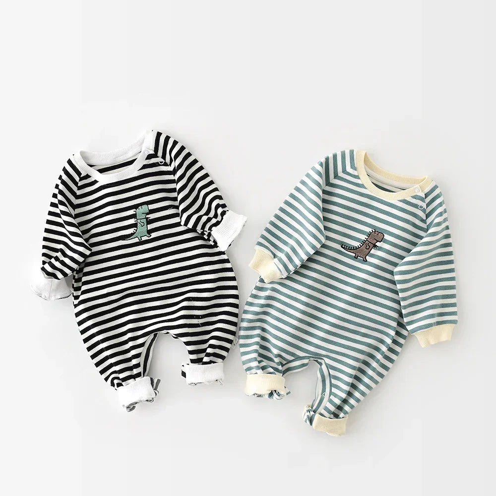 Striped baby onesies with dinosaur embroidery, long sleeve, soft cotton, relaxed fit