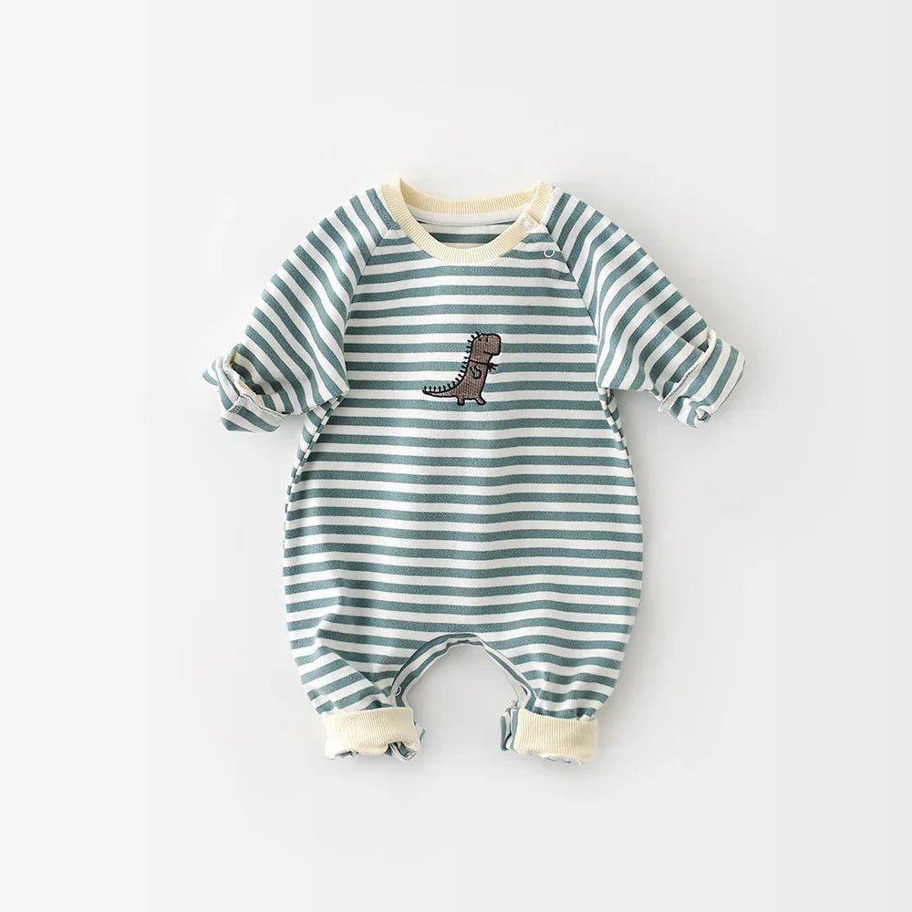 Striped green and white baby romper with dinosaur patch, soft cotton, loose fit, long sleeves.