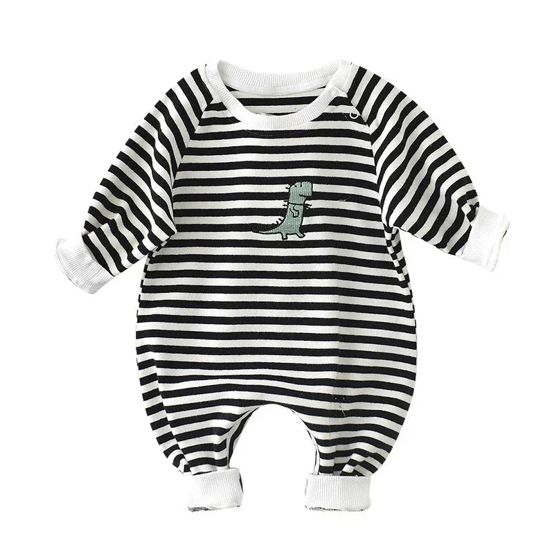 Black and white striped baby romper with dinosaur patch, soft cotton, loose fit, long sleeves