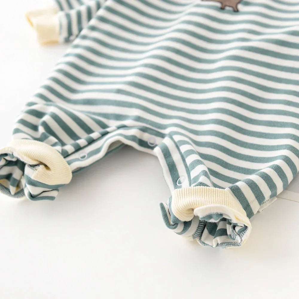 Green and white striped cotton romper with ribbed cuffs and snap closures, relaxed fit