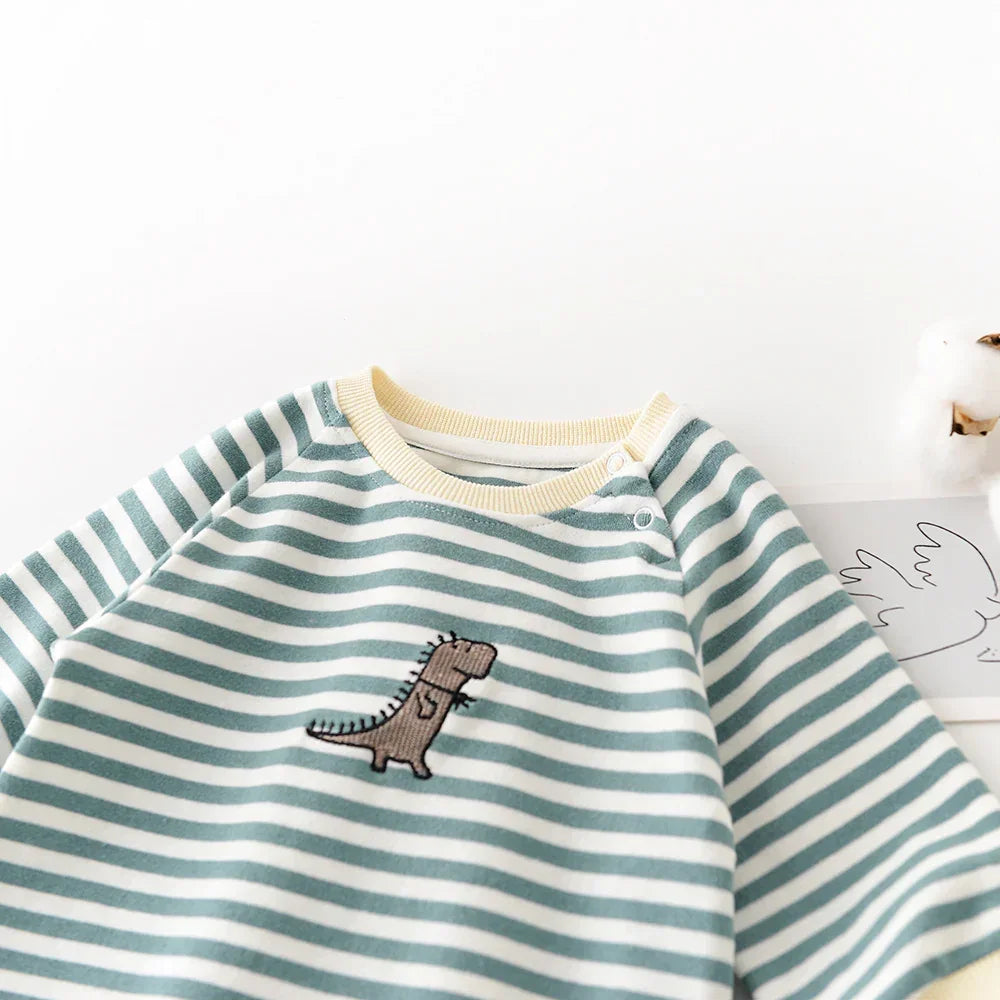Striped green and white cotton sweatshirt with dinosaur patch, loose fit, yellow trim