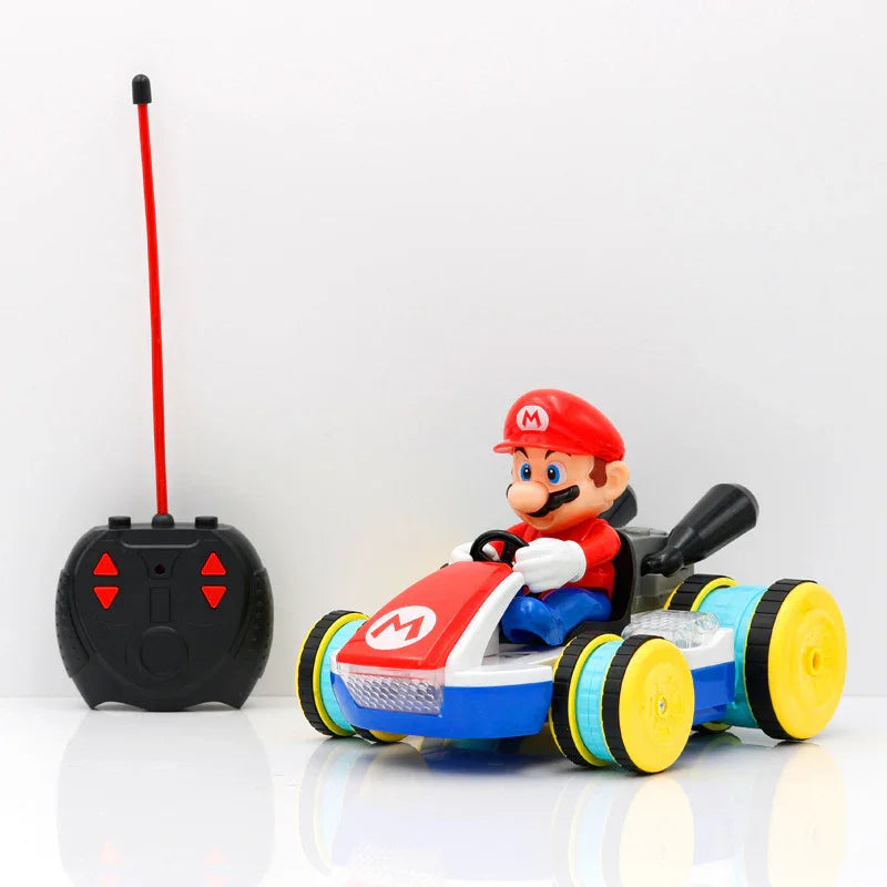 Remote control toy car with a red, blue, and yellow design and character driver.