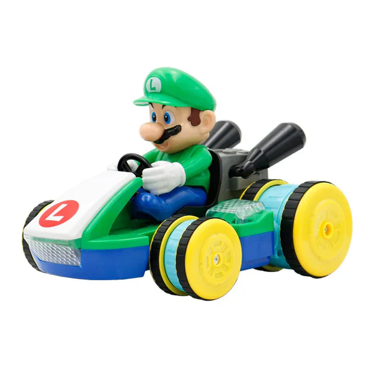 Green and blue cartoon racer figure in a plastic go-kart toy with yellow wheels.