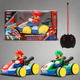 Remote control Mario and Luigi toy cars with bright colors, yellow wheels, and action figures.