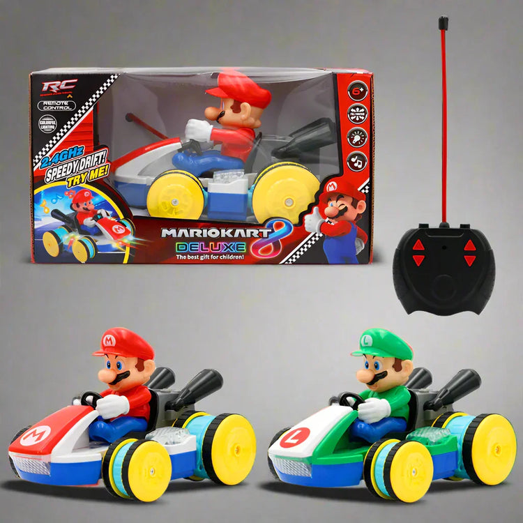 Remote control Mario and Luigi toy cars with bright colors, yellow wheels, and action figures.