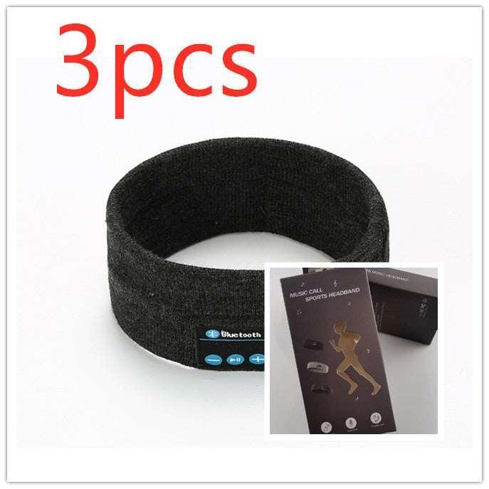 Black knit Bluetooth sports headband with control buttons, wireless and stretch fit, 3 pieces.