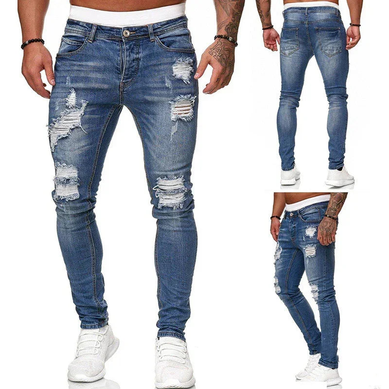 Men's blue distressed skinny jeans with ripped details, slim fit, denim streetwear style