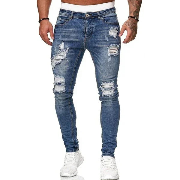 Men's slim fit blue ripped jeans with distressed detailing and stretch denim