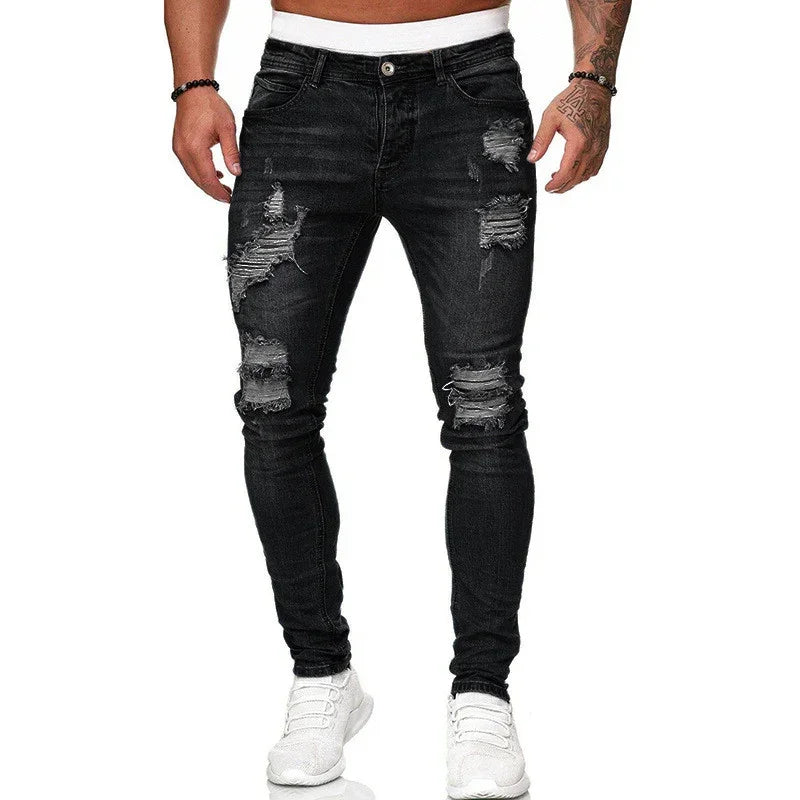 Men's black distressed skinny jeans with ripped details and fitted stretch design