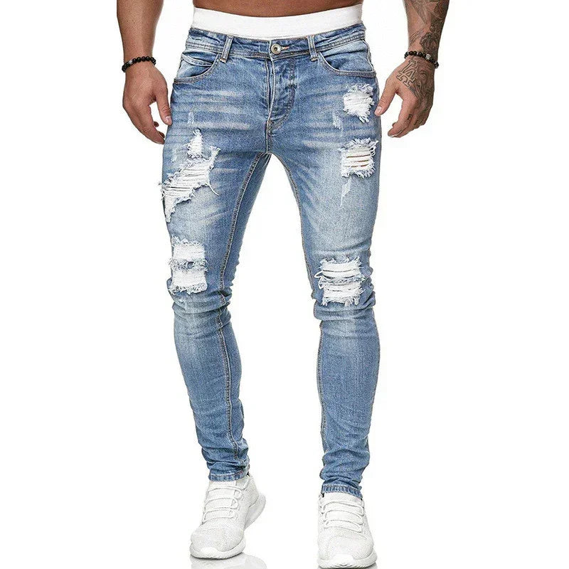 Men's light blue ripped skinny jeans, distressed denim, slim fit streetwear style