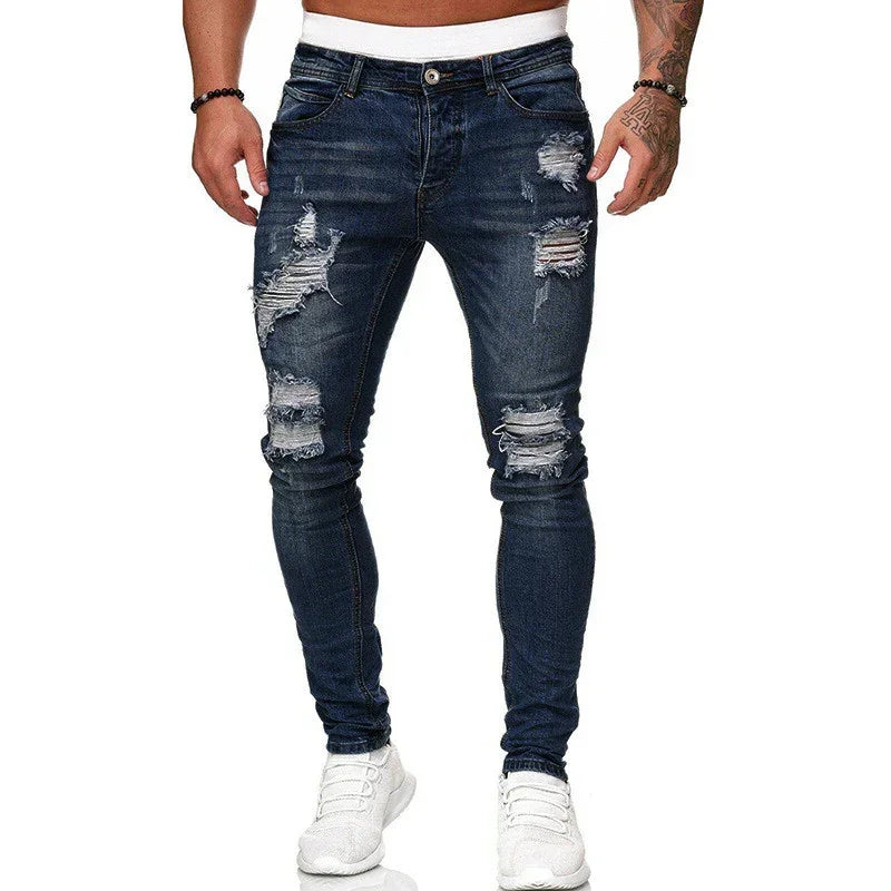 Men's dark blue ripped skinny jeans with distressed details and slim fit design