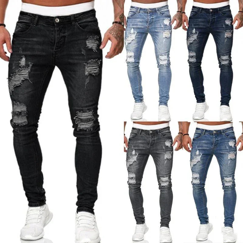 Men's skinny fit ripped jeans in multiple denim washes, distressed streetwear style