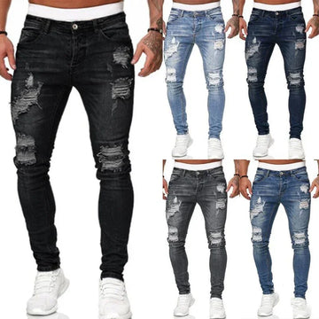 Men's skinny fit ripped jeans in multiple denim washes, distressed streetwear style