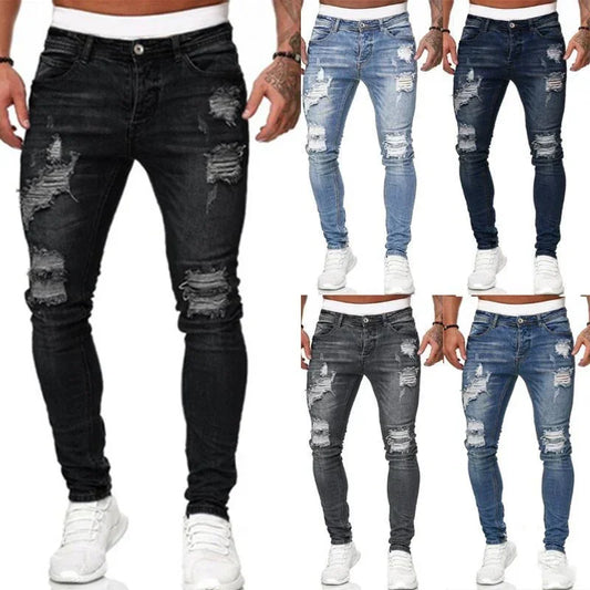Men's skinny fit ripped jeans in multiple denim washes, distressed streetwear style