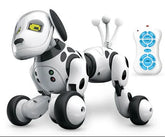 Futuristic black and white robotic dog toy with wheels and a remote control, tech accessory