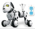 Futuristic black and white robotic dog toy with wheels and a remote control, tech accessory