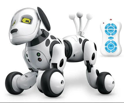 Futuristic black and white robotic dog toy with wheels and a remote control, tech accessory