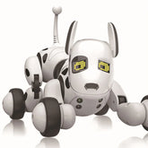 Futuristic white and black robotic dog with digital eyes and wheeled legs