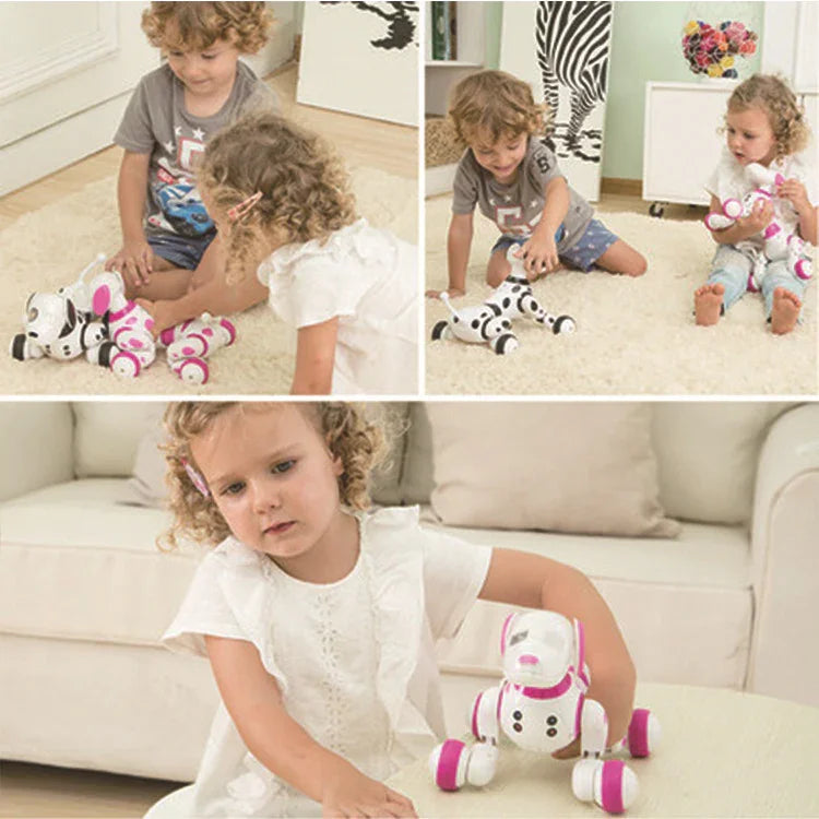 Children in casual summer clothing, girl in white ruffle dress, playing indoors with robot dog toys