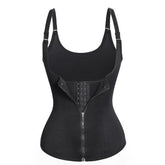 Black sleeveless shapewear tank top with adjustable straps and zip front closure