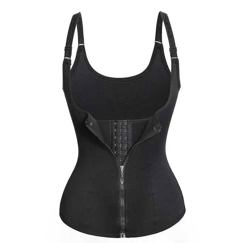 Black sleeveless shapewear tank top with adjustable straps and zip front closure