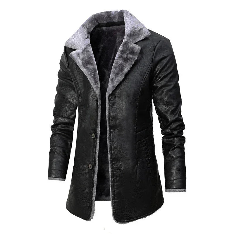 Black faux leather long coat with gray faux fur lining, tailored fit, streetwear style